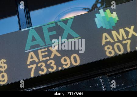 Amsterdam The, Netherlands. 15th Oct, 2023. Beursplein 5 Amsterdam Euronext stock exchange aandelenbeurs, considered to be the oldest securities exchanges in the world. LED lamp tickertape shows the price of shares for AEX quoted companies. The AEX index as of Friday 13th October. finance, financial, effectenbeurs, handelsbeurzen, equities, trade, trading, bedrijf, bedrijven, business, logo, Credit: Imago/Alamy Live News Stock Photo