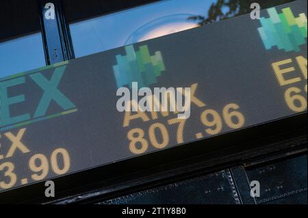 Amsterdam The, Netherlands. 15th Oct, 2023. Beursplein 5 Amsterdam Euronext stock exchange aandelenbeurs, considered to be the oldest securities exchanges in the world. LED lamp tickertape shows the price of shares for AEX quoted companies. The AMX midkap as of Friday 13th October. finance, financial, effectenbeurs, handelsbeurzen, equities, trade, trading, bedrijf, bedrijven, business, logo, Credit: Imago/Alamy Live News Stock Photo