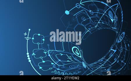 Abstract circuit board and hexagons on dark blue color background. Hi-tech digital technology concept. Stock Vector