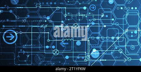 Abstract circuit board and hexagons on dark blue color background. Hi-tech digital technology concept. Stock Vector