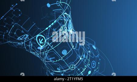 Abstract circuit board and hexagons on dark blue color background. Hi-tech digital technology concept. Stock Vector