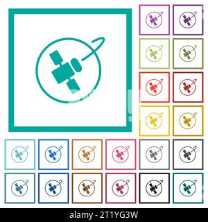Satellite in orbit solid flat color icons with quadrant frames on white background Stock Vector