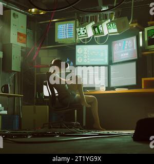 Young women in VR headset sitting in front of monitors. Beautiful girl in the room with electronics watching and analyzing data from media browsers. A Stock Photo