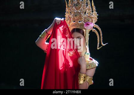 Ancient Lanna ghost in traditional costume the woman wearing typical Apsara dress, Ghost, Halloween woman and devil. Stock Photo