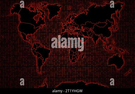 Black world map against a red binary code background. Stock Photo