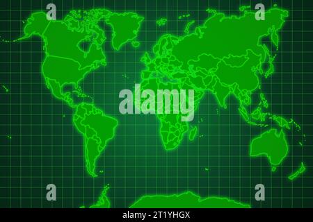 Green world map against a blue grid. Stock Photo