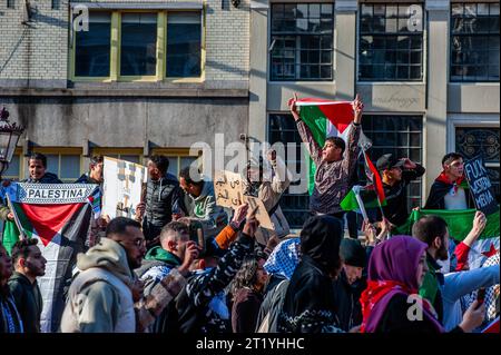 October 15th, Amsterdam. The Palestinian community in The Netherlands organized a march in the center of the city to condemn the government of Israel and express solidarity with the Palestinian people. During the rally, around 10,000 demonstrators waved Palestinian flags and carried banners, sending a powerful message of solidarity with Gaza and the Palestinian people. Stock Photo