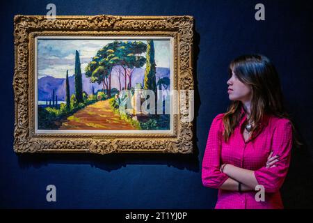 London, UK. 16th Oct, 2023. Sir Winston Churchill, Riviera Scene, Est £180,000-250,000 - Preview of the Modern British and Irish Evening Sale, which will be held on the 18th of October. at Christies, London. Credit: Guy Bell/Alamy Live News Stock Photo