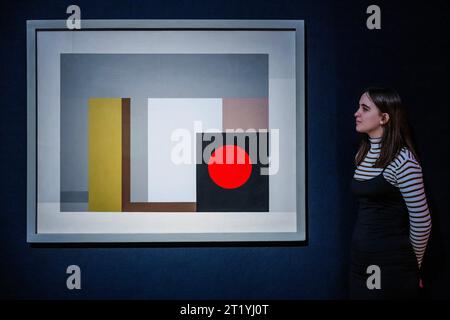 London, UK. 16th Oct, 2023. Ben Nicholson, painting 1938 (red circle), est £1-1.5m - Preview of the Modern British and Irish Evening Sale, which will be held on the 18th of October. at Christies, London. Credit: Guy Bell/Alamy Live News Stock Photo