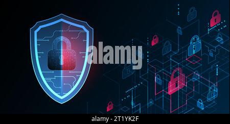Technological abstract background on the topic of information protection and computer security.  Shield with the image of a padlock in the middle. Stock Vector