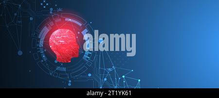 Abstract background on the theme of artificial intelligence. Red head shape with technological elements inside the contour. Stock Vector