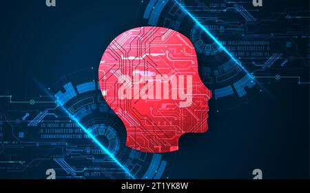 Abstract background on the theme of artificial intelligence. Red head shape with technological elements inside the contour. Stock Vector
