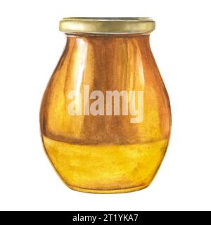 Watercolor illustration of a glass honey jar with a lid. Isolated on a white background, hand drawn. Stock Photo