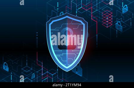Technological abstract background on the topic of information protection and computer security.  Shield with the image of a padlock in the middle. Stock Vector