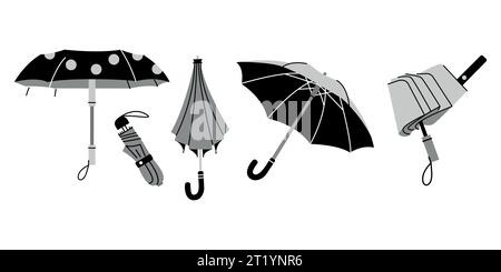 Umbrellas in different poses. Isolated elements. Rain protection. Contemporary trendy vector illustration. Stock Vector