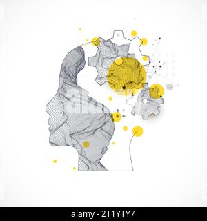 Topography in the contour. The human head is made in the style of a frame with gears. Vector art. Stock Vector