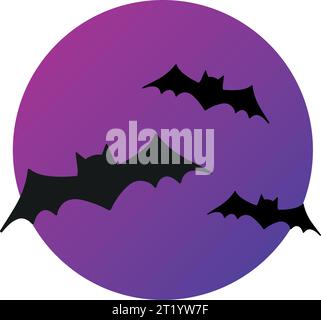 Halloween bats vector illustration. Cute vampires on round purple gradient, spooky background. Stock Vector