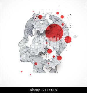 Topography in the contour. The human head is made in the style of a frame with gears. Vector art. Stock Vector