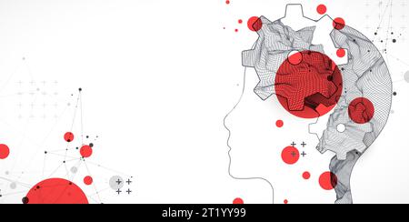 Topography in the contour. The human head is made in the style of a frame with gears. Vector art. Stock Vector