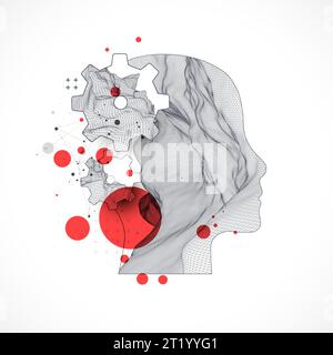 Topography in the contour. The human head is made in the style of a frame with gears. Vector art. Stock Vector