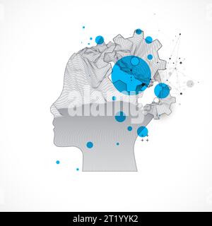 Topography in the contour. The human head is made in the style of a frame with gears. Vector art. Stock Vector