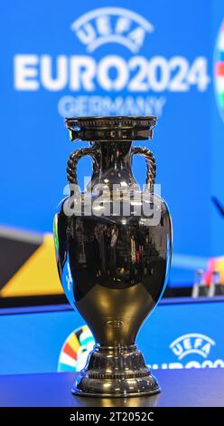 16 October 2023, Hesse, Frankfurt/Main: The UEFA EURO trophy is presented during a press conference for the 2024 European Championship at the Frankfurt stadium. Photo: Arne Dedert/dpa Stock Photo