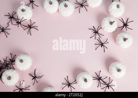 mini pumpkins and numerous spiders forming a frame around a space left blank for text on a pastel pink background. Minimalist, trendy still life photo Stock Photo