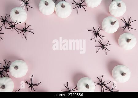 mini pumpkins and numerous spiders forming a frame around a space left blank for text on a pastel pink background. Minimalist, trendy still life photo Stock Photo