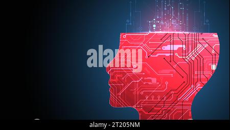 Abstract background on the theme of artificial intelligence. Head shape with technological elements inside the contour. Stock Vector