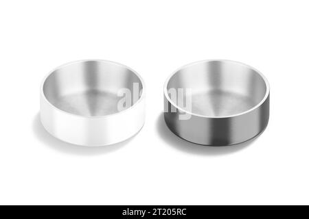 Blank black and white ceramic dog bowl mockup, top view, 3d rendering. Empty porcelain metallic dishware for kitten and doggy mock up, isolated. Clear Stock Photo