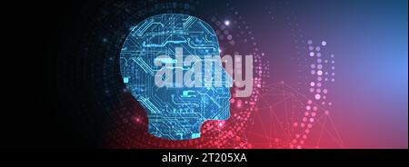 Abstract background on the theme of artificial intelligence. Head shape with technological elements inside the contour. Stock Vector