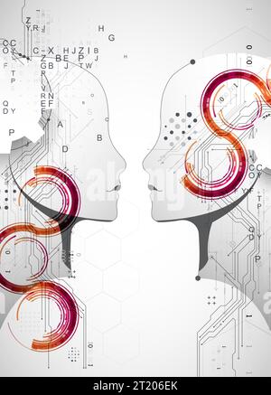 Artificial Intelligence. Technical background with a silhouette of a man. Big data concept. Machine cyber mind. Stock Vector