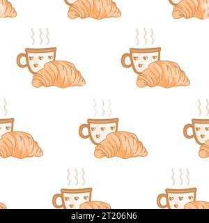 Seamless pattern with cute croissants and coffee mugs. Coffee time background. Vector illustration Stock Vector