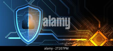 Technological abstract background on the topic of information protection and computer security.  Shield with the image of a padlock in the middle. Stock Vector