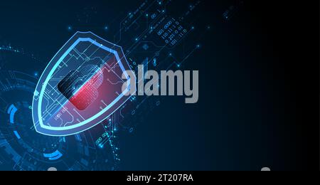 Technological abstract background on the topic of information protection and computer security.  Shield with the image of a padlock in the middle. Stock Vector