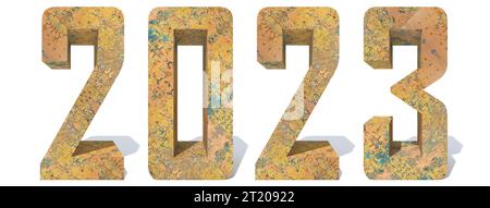 Conceptual 2023 year made of old, rusted metal isolated on white background. An abstract 3D illustration as a  metaphor for future, real estate Stock Photo