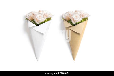 Blank white flowers cone wrap mockup, front view, 3d rendering