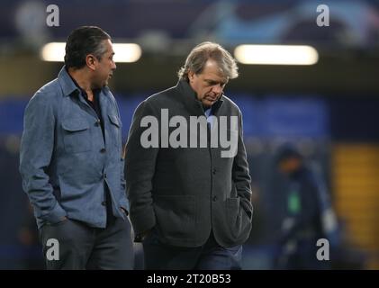 Todd Boehly Owner of Chelsea & Chelsea Director, Behdad Eghbali walk acrid the Stamford Bridge pitch after visiting the players dressing room after the loss. - Chelsea v Real Madrid, UEFA Champions League, Quarter-finals, 2nd leg, Stamford Bridge Stadium, London, 18th April 2023. Editorial Use Only - DataCo restrictions apply Stock Photo