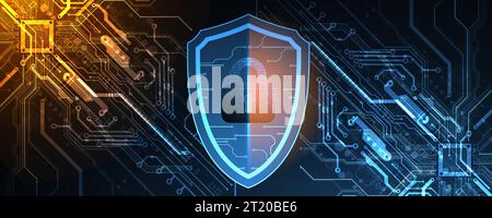 Technological abstract background on the topic of information protection and computer security.  Shield with the image of a padlock in the middle. Stock Vector