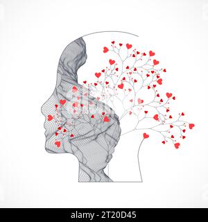 The human head is made in the style of a wireframe with flowers. Stock Vector