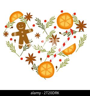 Flat style illustration of mulled wine ingredients oranges, anise stars, straw, cloves, berries. Vector illustration for Christmas decoration. Heart s Stock Vector