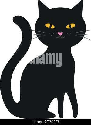 Black cat vector illustration. Cute spooky halloween witch cat sitting icon. Stock Vector