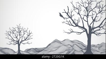 Abstract wireframe mountains with a tree and a bird on it in the foreground. Stock Vector