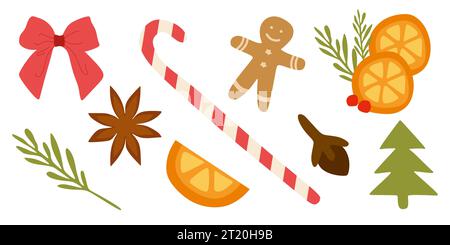 Mulled wine spice mix. Gingerbread seasoning blend with spicy ingredients. Flat hand drawn orange, clove, cinnamon, anise, candy cane, bow, fir tree. Stock Vector