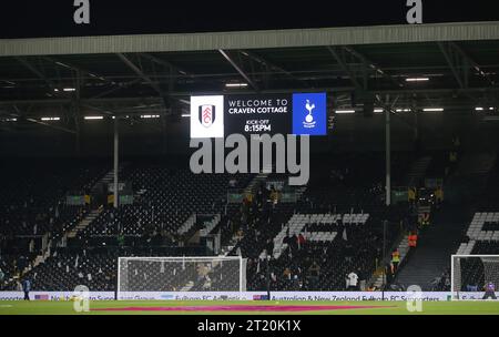 Kick off delayed by 15 minutes from 20.00 to 20.15 due to transport issues. - Fulham v Tottenham Hotspur, Premier League, Craven Cottage Stadium, London, UK - 23rd January 2023. Editorial Use Only - DataCo restrictions apply. Stock Photo