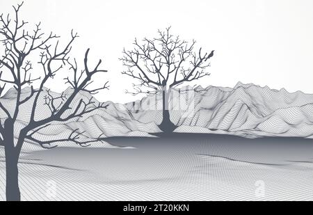 Abstract wireframe mountains with a tree and a bird on it in the foreground. Stock Vector