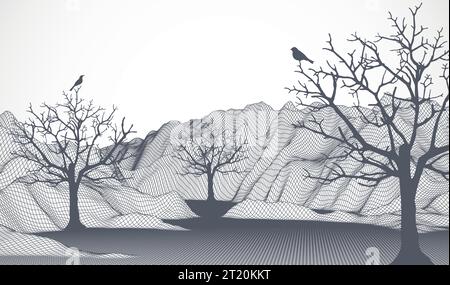Abstract wireframe mountains with a tree and a bird on it in the foreground. Stock Vector