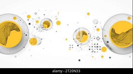 Sphere  theme with connected lines in technology style background. Wireframe illustration. Abstract 3d grid design. Stock Vector