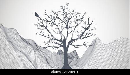 Abstract wireframe mountains with a tree and a bird on it in the foreground. Stock Vector