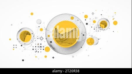 Sphere  theme with connected lines in technology style background. Wireframe illustration. Abstract 3d grid design. Stock Vector